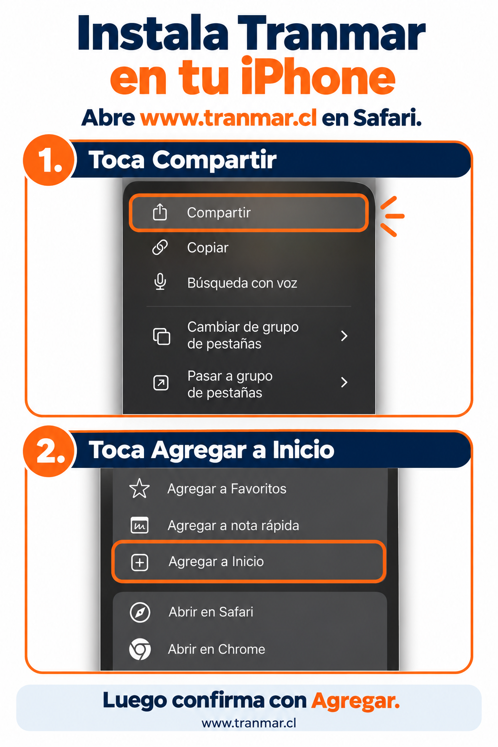 Guía iPhone: toca Compartir, luego Agregar a Inicio y confirma con Agregar